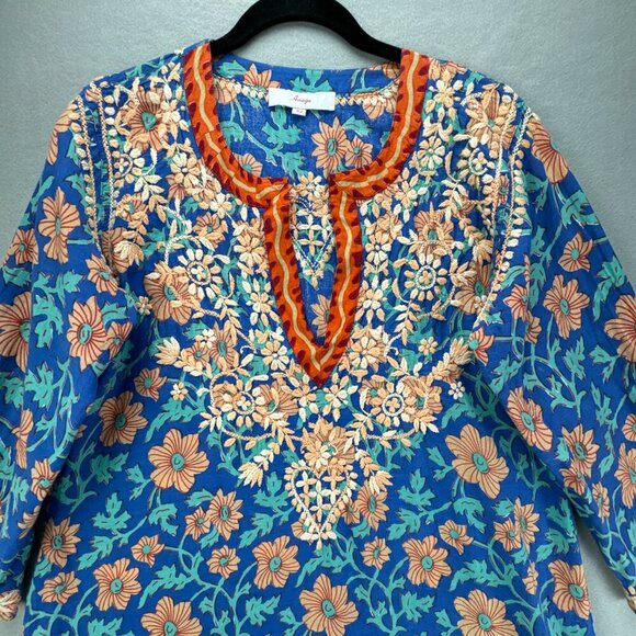 Amaya Textiles Top‎ Womens 42 M/L Blue Pullover Floral Embroidered Thin Cotton - Picture 2 of 15